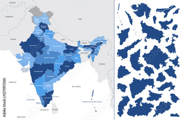 Obraz Detailed, vector, blue map of India with administrative divisions country