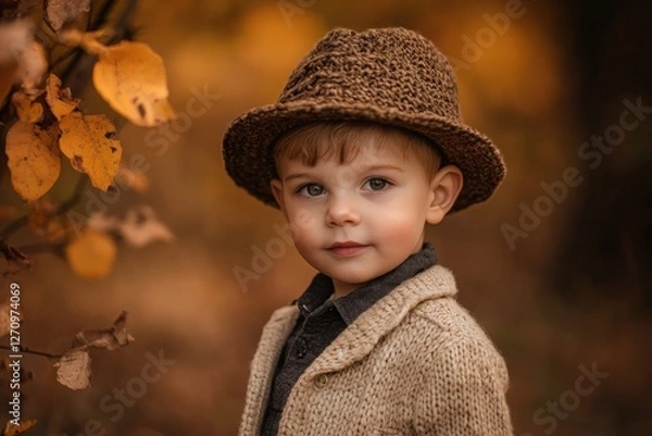 Fototapeta Little boy with standing in autumn season oak forest, Poland