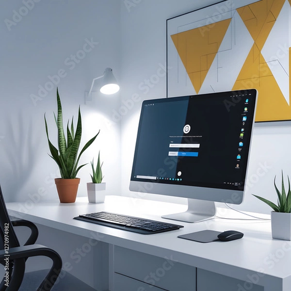Obraz This image captures a pristine, minimalist office desk setup designed for productivity and focus. The stark white desk is complemented by a sleek silver laptop,