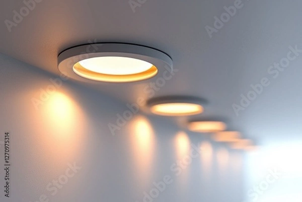 Fototapeta Round recessed ceiling spotlight gracefully illuminating a pristine white background, showcasing the fixture's sleek design and versatile lighting capabilities.