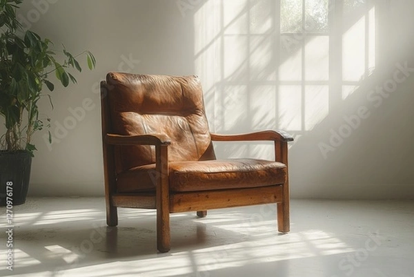 Obraz Cozy Vintage Leather Armchair Surrounded by Soft Natural Light in Minimalist Room with Green Plant and Warm Shadow Play