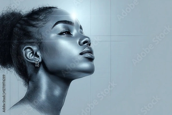 Obraz Elegant Portrait of a Stylish Young Woman Showcasing Modern Artistry with a Serene Expression and Radiant Light Emphasizing Features and Graceful Lines