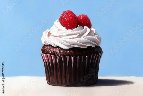 Obraz Delicious Chocolate Cupcake with Whipped Cream Topping and Raspberries on a Light Blue Background, Perfect for Sweet Treats, Desserts, and Bakery Themes