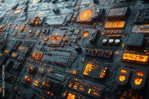 Obraz Futuristic Circuit Board Background Featuring Complex Technology Elements and Illuminated Displays, Perfect for Sci-Fi Design Projects and Digital Interfaces