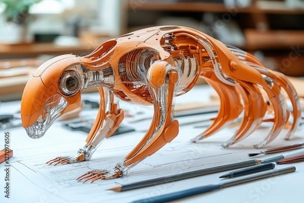 Obraz Futuristic Robotic Animal Design Featuring an Intricate Mechanical Structure with Detailed Engineering Elements and a Striking Orange Exterior in a Modern Workspace