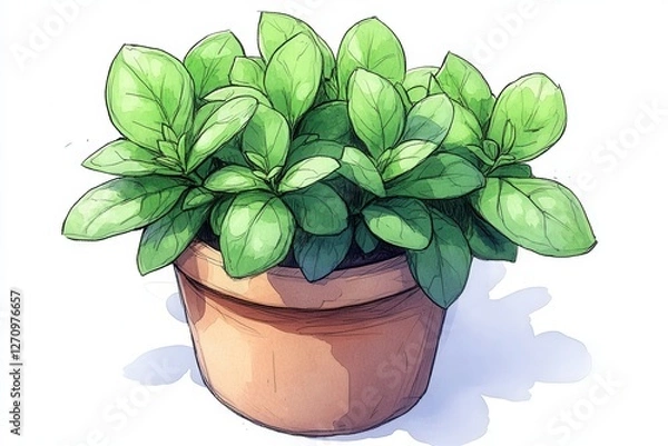 Obraz Lush Green Basil Plant in a Terracotta Pot with Vibrant Leaves for Home Decor and Culinary Use in Kitchen Gardens and Indoor Spaces