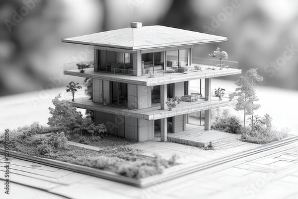 Obraz Modern Architectural Model of a Three-Story House with a Flat Roof and Surrounding Landscape Featuring Plants and Outdoor Spaces for Design Presentation