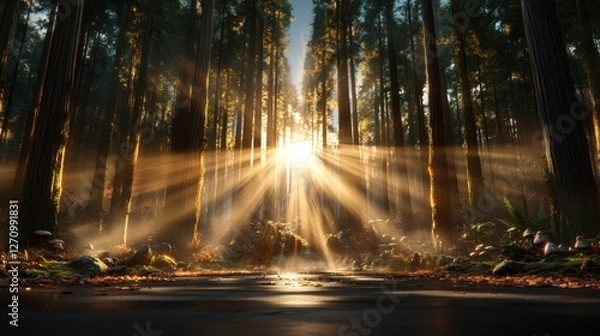 Fototapeta A mystical foggy forest at sunrise. Tall, ancient trees disappear into the thick mist, their trunks covered in moss and vines.