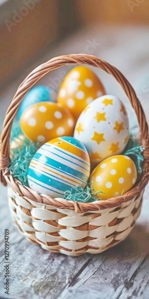 Fototapeta beautiful painted Easter eggs in a basket on a wooden table