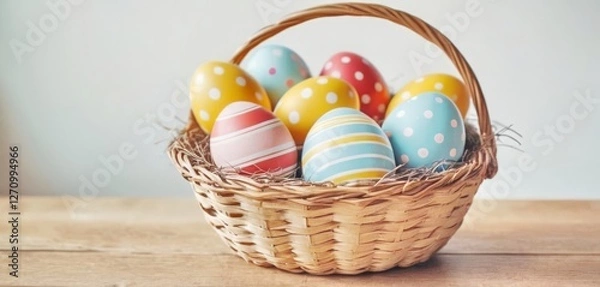 Obraz beautiful painted Easter eggs in a basket on a wooden table