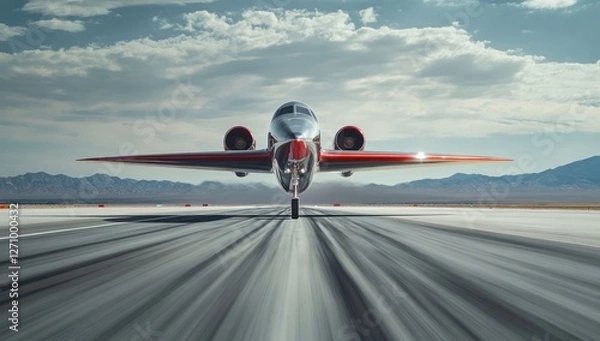 Fototapeta Futuristic silver and red aircraft taking off from a runway, desert landscape background.