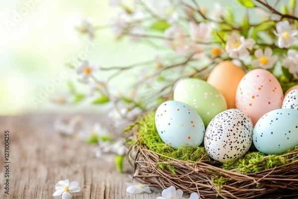 Fototapeta Colorful speckled easter eggs in decorative nest for spring celebration design