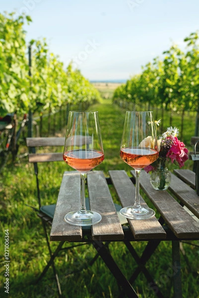 Obraz Glasses of rose wine on the vineyard scenery