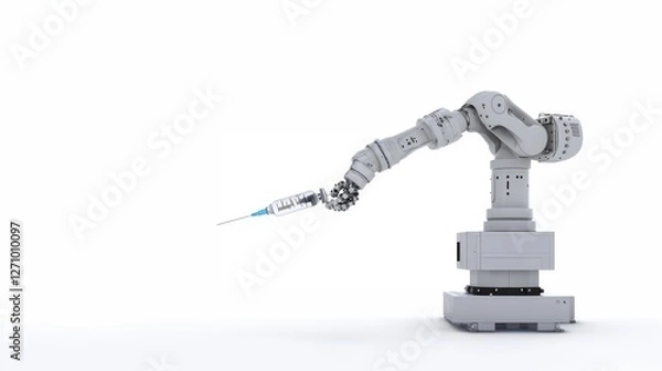 Fototapeta Robotic arm holding an injection, illustrating AI robot assist in healthcare, medical robotics, robotic surgery, AI agent