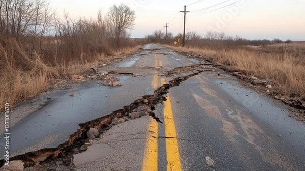 Obraz Torn-up road with cracks and debris left in the wake of a powerful twister, eerie silence fills the air following the storm.