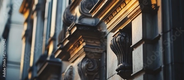 Fototapeta Ornate architectural details on a historic building facade at sunset.