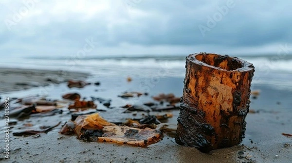 Fototapeta Plastic pollution concept. A weathered log rests on the beach, surrounded by sand and ocean waves under cloudy skies.