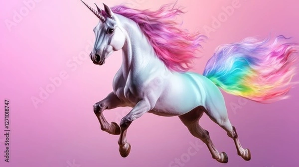 Fototapeta majestic unicorn with colorful rainbow mane and tail leaps gracefully against soft pink background, embodying fantasy and magic