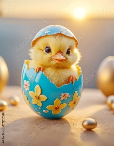 Obraz funny fluffy chicken hatched from Easter egg, Easter photo for postcard design