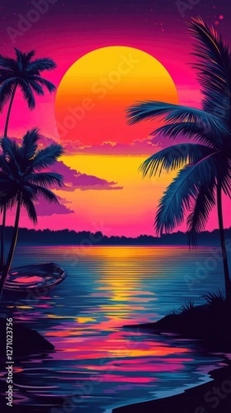 Obraz Sunset Over Tropical Lagoon with Palm Trees