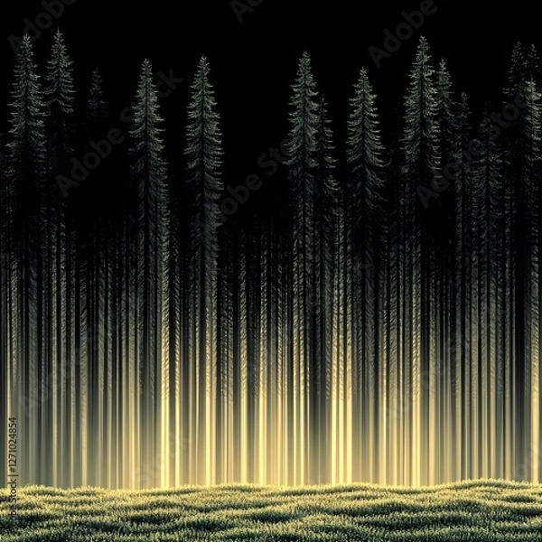 Fototapeta A serene forest scene with tall trees silhouetted against a glowing, dark background, creating a mystical and atmospheric ambiance.