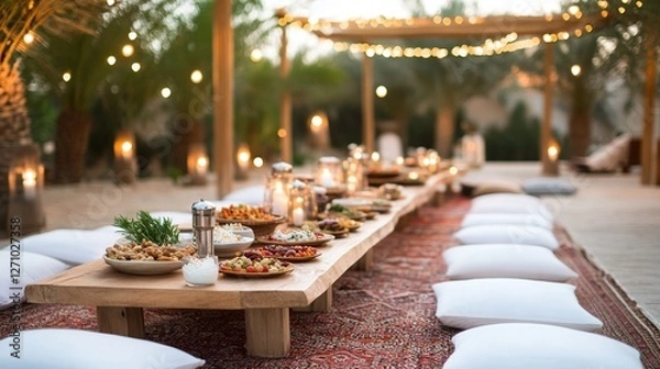 Fototapeta Outdoor dining setup with Moroccan dishes under twinkling lights