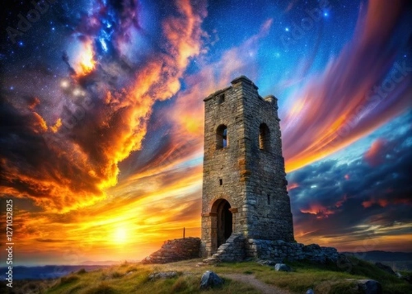 Fototapeta Surreal landscape merges ancient tower ruins, creating a mystical, fantasy-like double exposure.