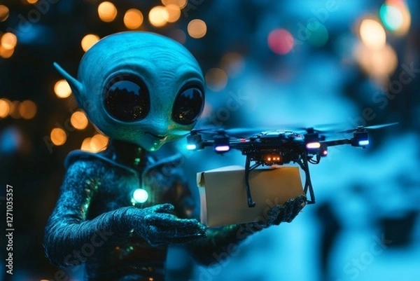 Fototapeta Mystical alien character delivering a package with a drone in a festive winter setting during nighttime
