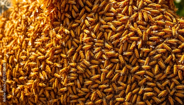 Fototapeta  Close-up of a massive cluster of honeybees swarming together on a camel's fur, creating a dense beehive-like texture on its body.