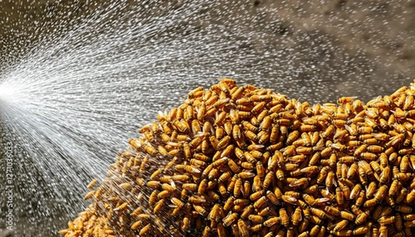 Fototapeta  Close-up of honeybees in motion as water is sprayed on them, capturing the details of their tiny bodies and movements in high clarity