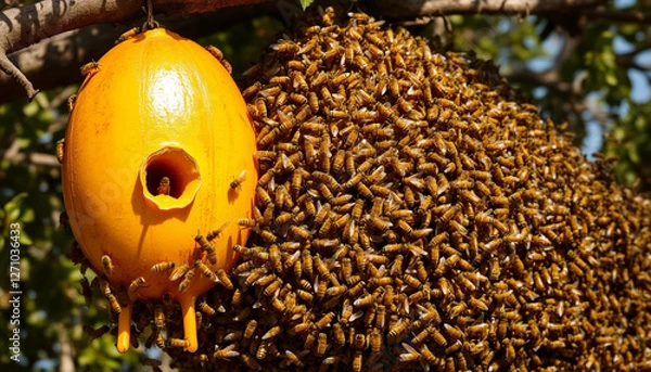 Fototapeta  Close-up shot of a bright yellow beehive hanging from a camel's body, surrounded by thousands of bees actively working on it