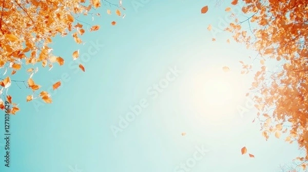 Fototapeta Autumn leaves falling against a clear blue sky for seasonal backgrounds or greeting cards