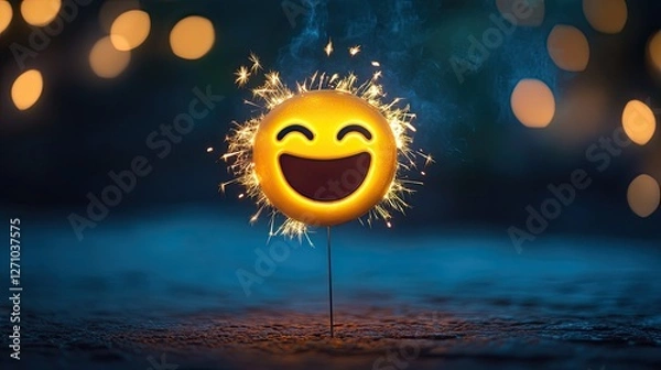 Fototapeta Joyful celebration, Smiling emoji with sparkling firework on blurred background