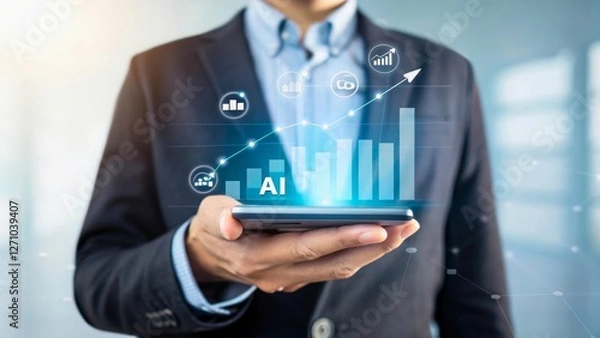 Fototapeta Business Professional Holding Smartphone with AI Graphics and Data Visualizations