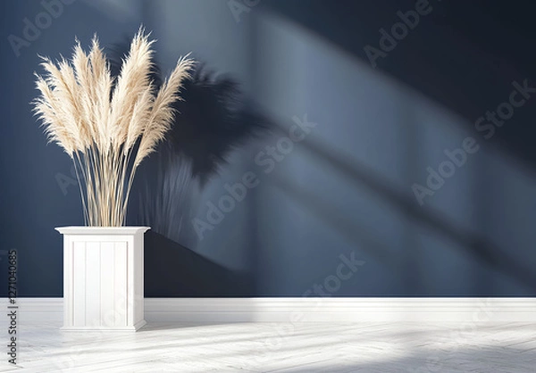 Fototapeta Minimalist interior design with an empty navy blue wall and a white wooden cabinet for decoration, a mock-up. 