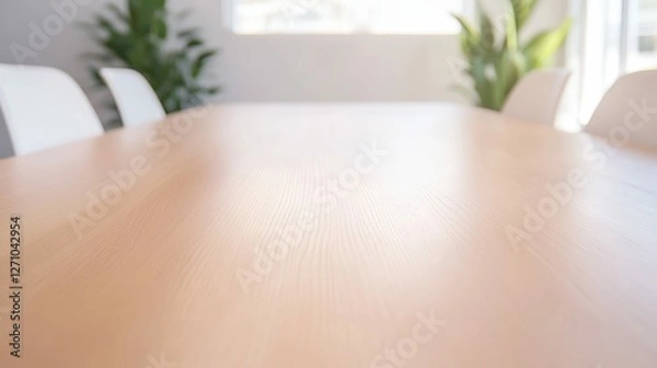 Fototapeta Minimalist wooden table setting with natural light for modern interior design and office spaces