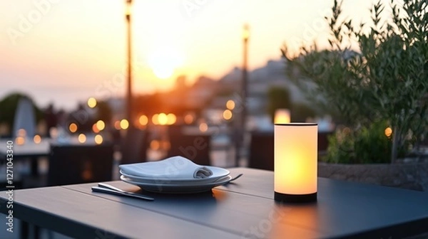 Fototapeta Romantic dinner setting at sunset with candlelight and tableware