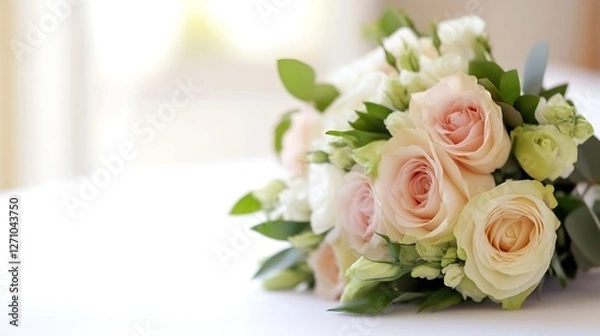 Fototapeta Beautiful Bouquet of Soft Pink Roses with Fresh Green Leaves on Table : Generative AI