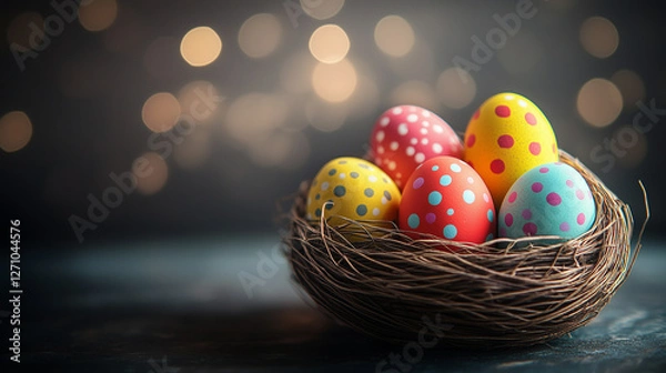 Fototapeta Easter background with easter eggs in a basket, dark magical and celestial