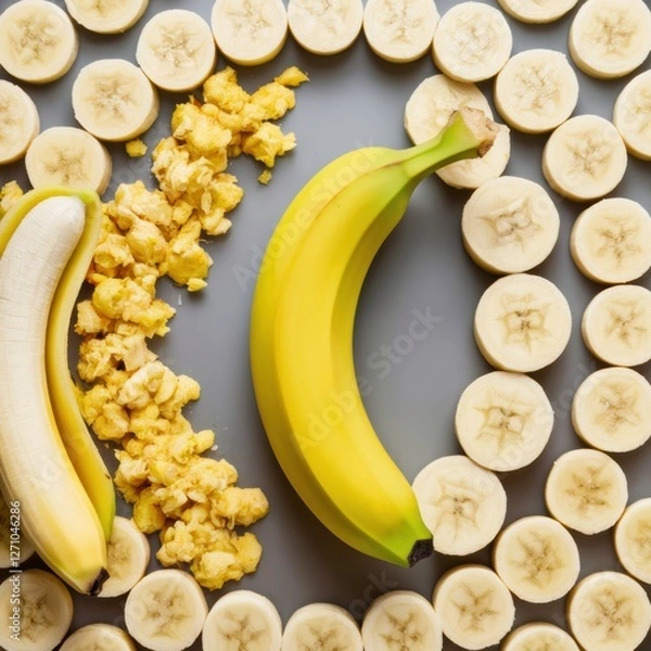 Obraz Fresh Bananas: Whole, Half & Sliced Display