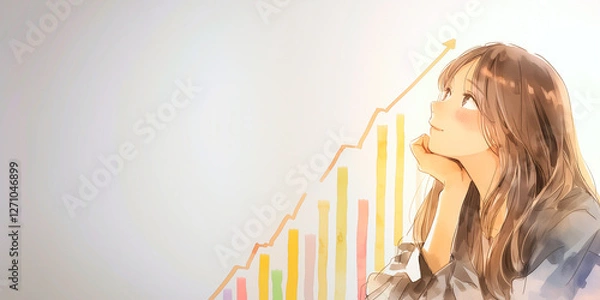 Obraz 投資を考えている女性。水彩画。イラスト。挿絵。背景素材。