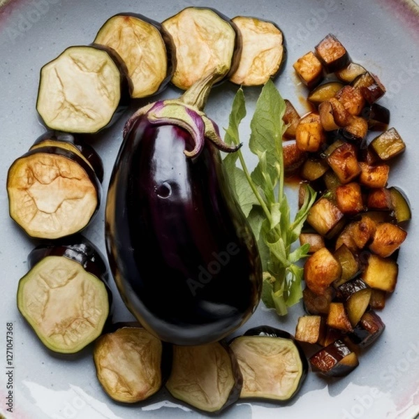 Obraz Eggplant Display: Whole, Halved & Sliced Plate