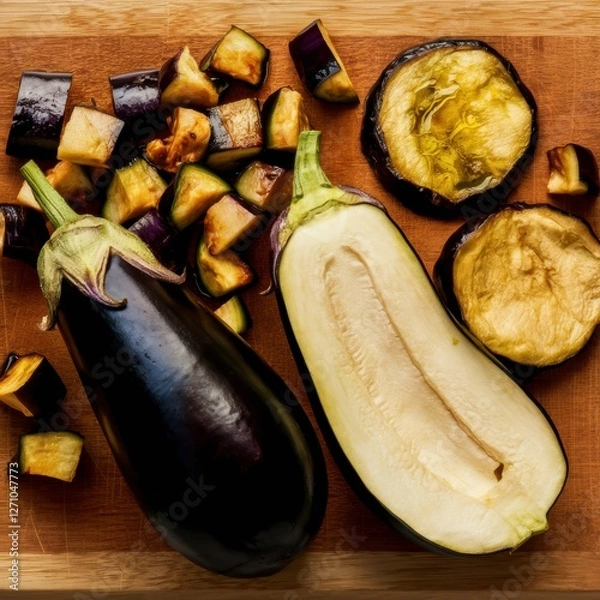 Obraz Eggplant Preparation: Whole, Halved & Sliced Wood