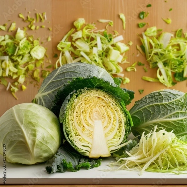 Obraz Fresh Cabbage: Whole, Halved & Close-Up Detail