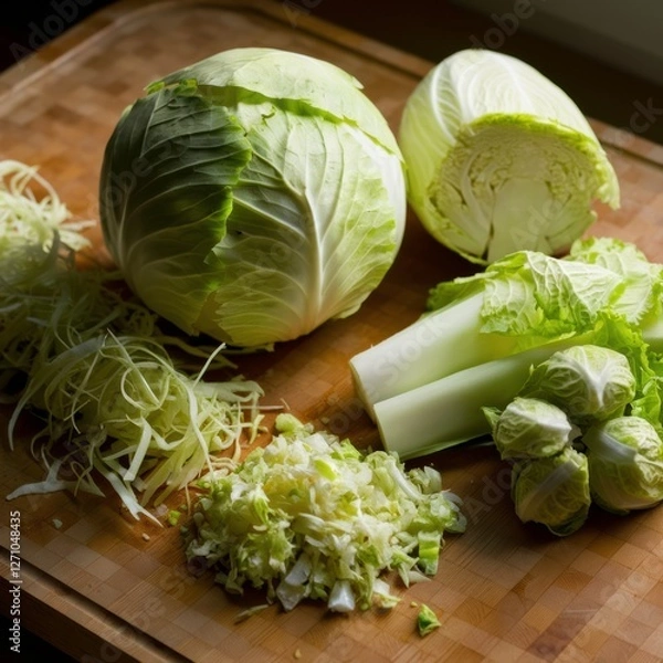Obraz Cabbage Preparation: Whole, Halved & Sliced Wood
