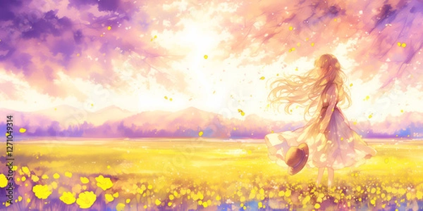 Obraz 風に髪を靡かせる女性。水彩画。イラスト。挿絵。背景素材。