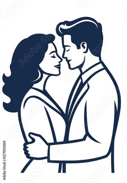 Fototapeta Modern Line Art Cartoon of a Male and Female Couple in Back View, Isolated on a White Background