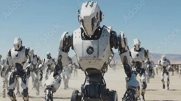 Fototapeta Robot army marching desert landscape; futuristic war scene; sci-fi film