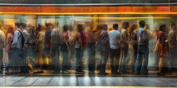 Fototapeta Rush Hour Balance: Standing Commuters in Transit