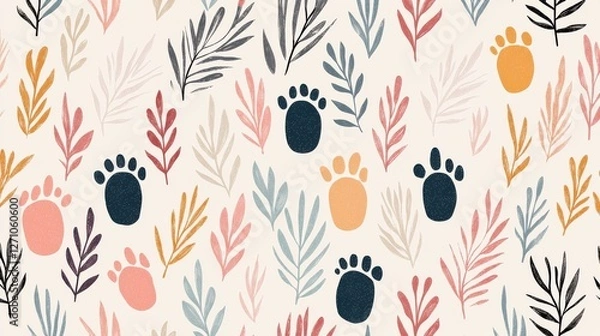 Obraz Background pattern cute animal footprints concept. Playful Footprints and Whimsical Nature Patterns with Leaves and Animals